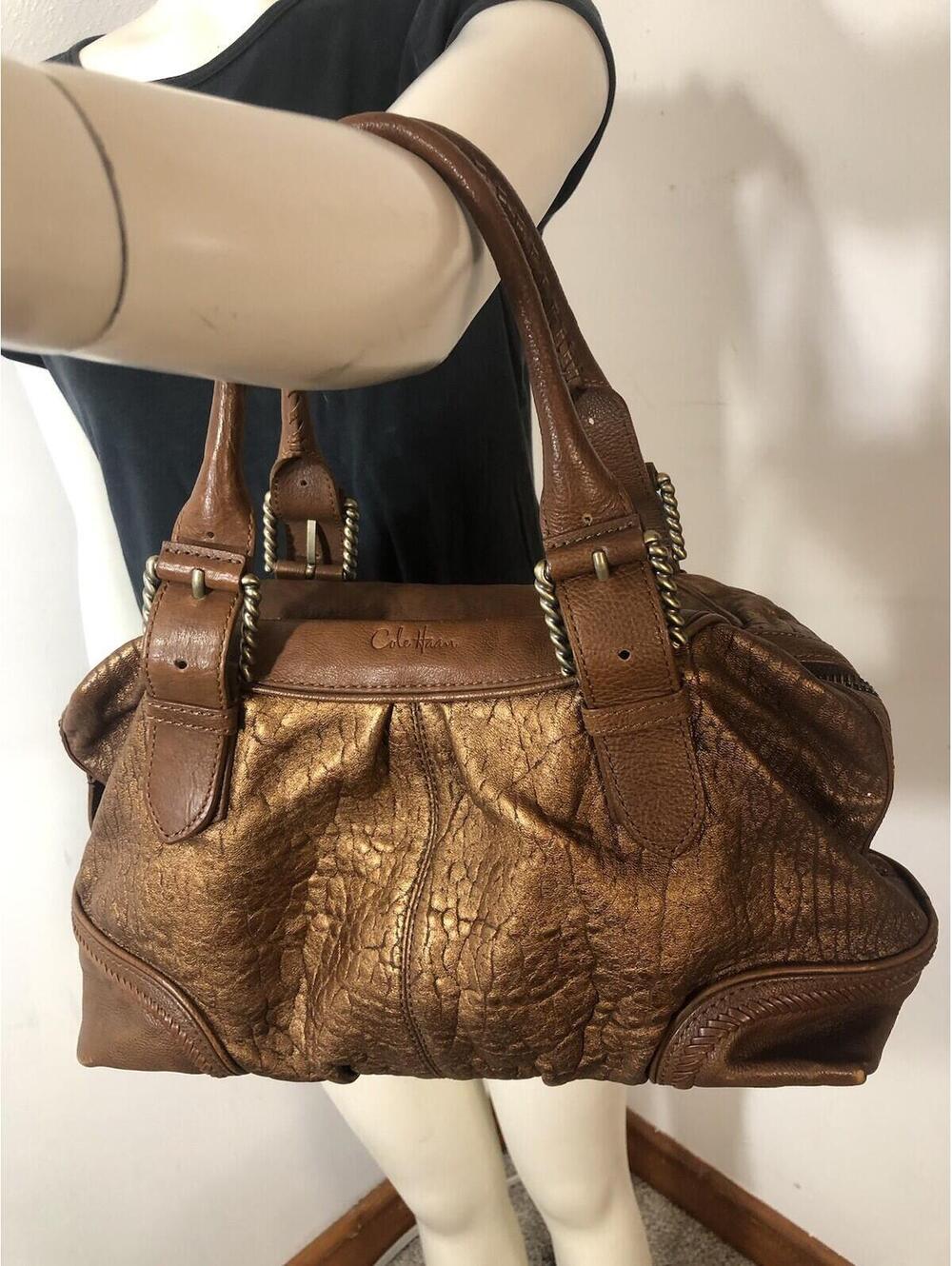 Cole Hahn Brown Leather Satchel Purse Buckles Zip Close Metallic Snakeskin